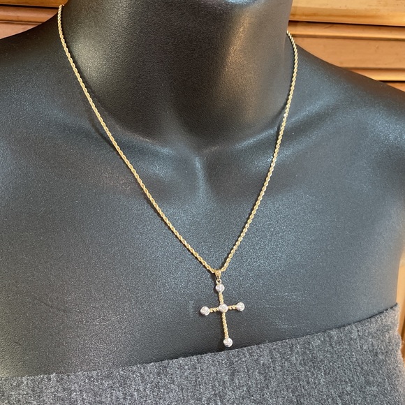 Real 14K Yellow Gold Natural Diamond Bezel Religious Cross Pendant Rope Necklace - Picture 10 of 17